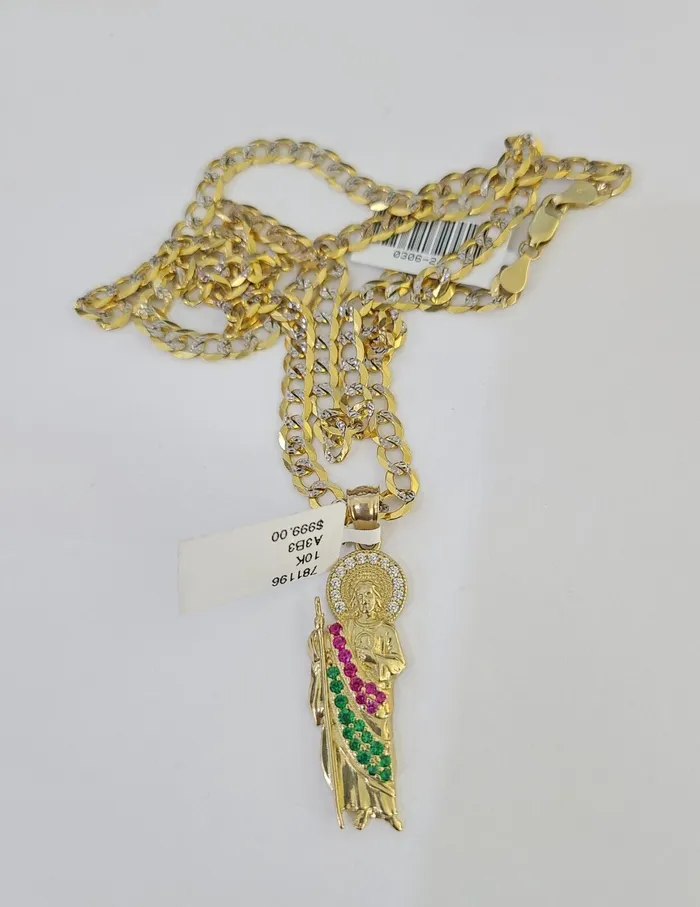 Gold and Diamond Charm Necklaces 10k Gold Chain Saint Jude Charm Solid Cuban Curb Link 5mm 1828 Inch SET