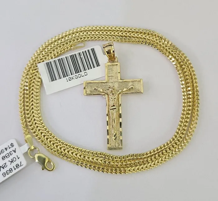 Gold and Diamond Necklaces 10K Franco Chain Jesus Cross Pendant Charm Necklace 1624 2mm Gold SET Yellow Gold and Diamond Necklaces 10K Franco Chain Jesus Cross Pendant Charm Necklace 1624 2mm Gold SET Yellow