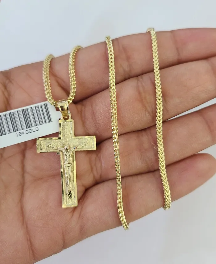 Gold and Diamond Necklaces 10K Franco Chain Jesus Cross Pendant Charm Necklace 1624 2mm Gold SET Yellow