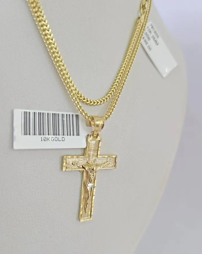 Gold and Diamond Necklaces 10K Franco Chain Jesus Cross Pendant Charm Necklace 1624 2mm Gold SET Yellow