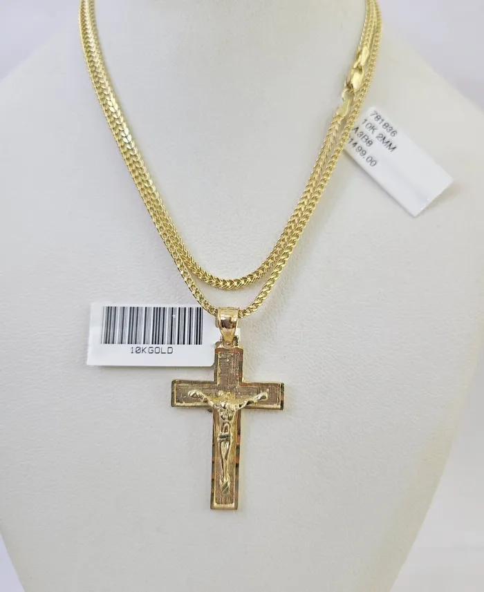 Gold and Diamond Necklaces 10K Franco Chain Jesus Cross Pendant Charm Necklace 1624 2mm Gold SET Yellow
