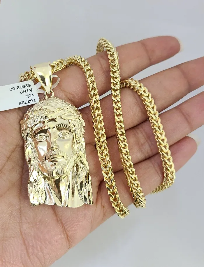 Gold and Diamond Necklaces 10K Franco Chain Necklace Jesus Head Pendant Charm 2028 4mm Yellow Gold SET