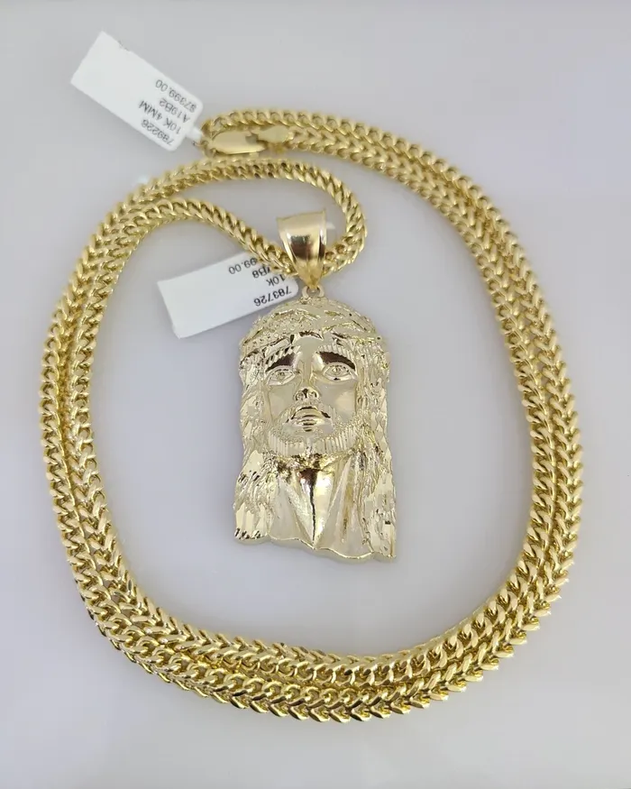 Gold and Diamond Necklaces 10K Franco Chain Necklace Jesus Head Pendant Charm 2028 4mm Yellow Gold SET