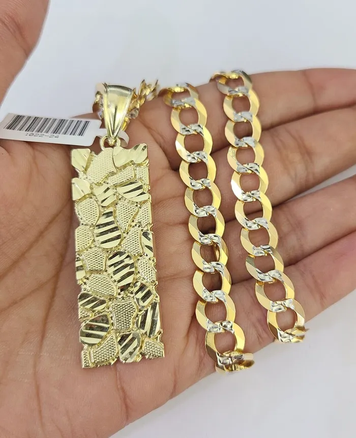 Gold and Diamond Necklaces 10k Gold Chain Nugget Charm Solid Cuban Curb Necklace 9mm 2030 SET Gold and Diamond Necklaces 10k Gold Chain Nugget Charm Solid Cuban Curb Necklace 9mm 2030 SET
