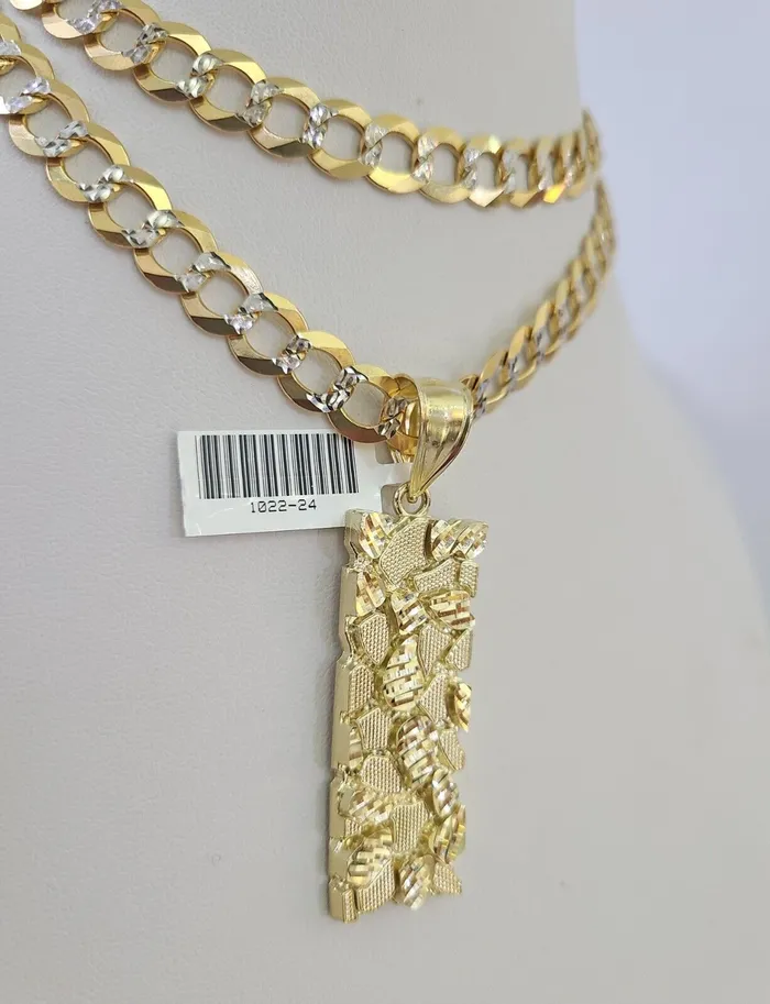 Gold and Diamond Necklaces 10k Gold Chain Nugget Charm Solid Cuban Curb Necklace 9mm 2030 SET