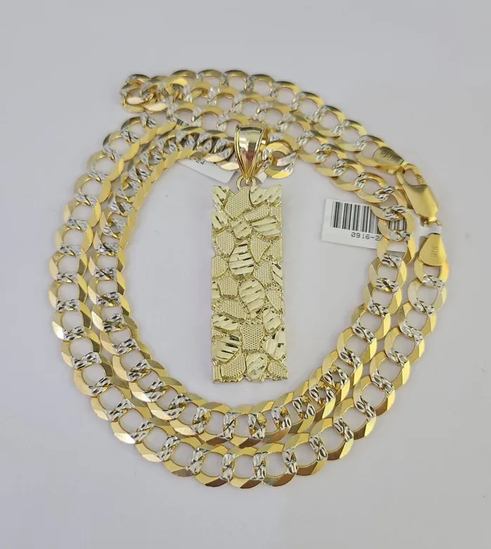 Gold and Diamond Necklaces 10k Gold Chain Nugget Charm Solid Cuban Curb Necklace 9mm 2030 SET