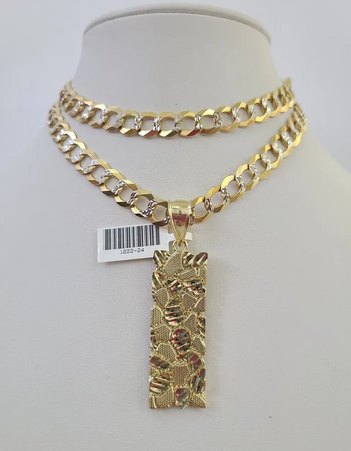 Gold and Diamond Necklaces 10k Gold Chain Nugget Charm Solid Cuban Curb Necklace 9mm 2030 SET