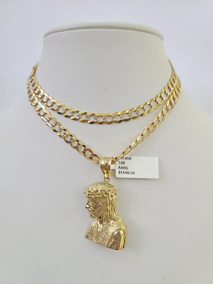 Gold and Diamond Necklaces 10k Solid Gold Cuban Curb Chain Jesus Head Pendant 6mm 2030 SET Necklace Gold and Diamond Necklaces 10k Solid Gold Cuban Curb Chain Jesus Head Pendant 6mm 2030 SET Necklace