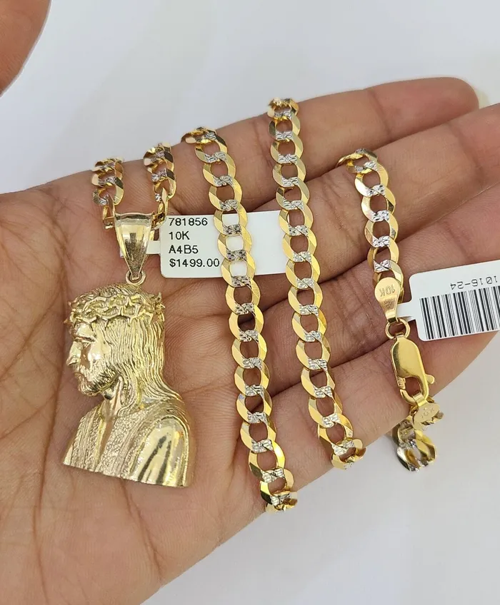 Gold and Diamond Necklaces 10k Solid Gold Cuban Curb Chain Jesus Head Pendant 6mm 2030 SET Necklace