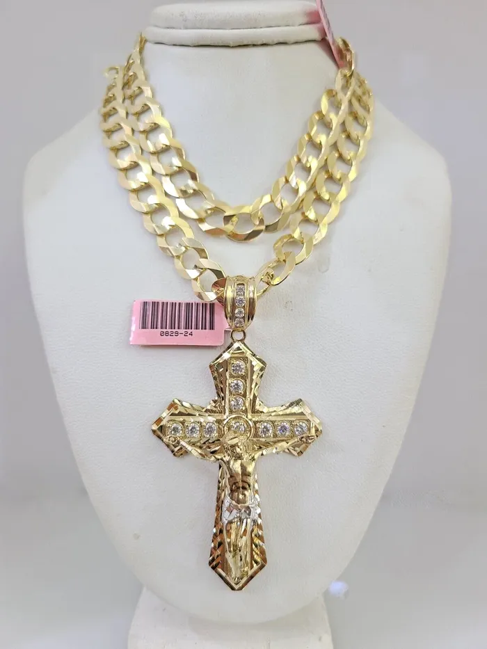 Gold and Diamond Necklaces 14k Gold Chain Jesus Cross Charm Solid Cuban Curb 10mm 2030 SET Necklace Gold and Diamond Necklaces 14k Gold Chain Jesus Cross Charm Solid Cuban Curb 10mm 2030 SET Necklace