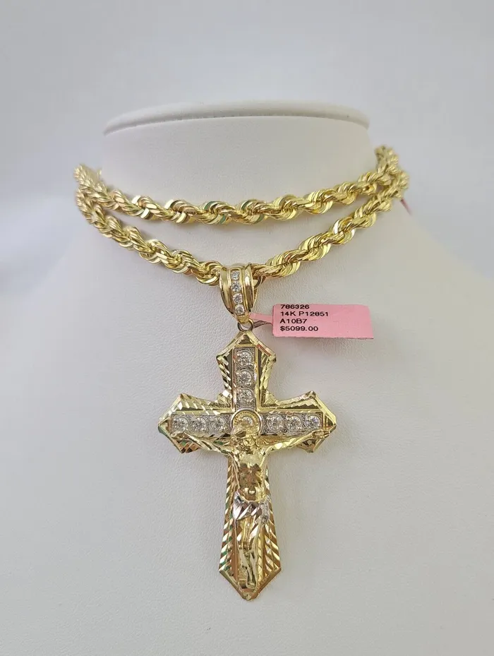 Gold and Diamond Necklaces Real 14k Solid Rope Chain Jesus Cross Charm Set 6mm 1830 Necklace Gold Gold and Diamond Necklaces Real 14k Solid Rope Chain Jesus Cross Charm Set 6mm 1830 Necklace Gold