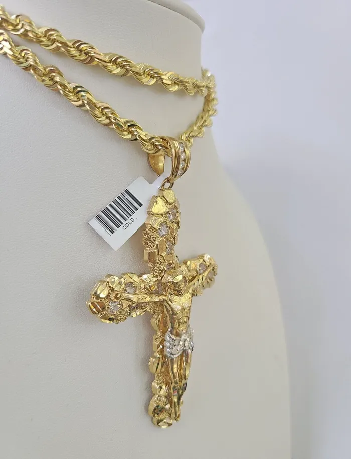 Gold and Diamond Necklaces Real 14k Solid Rope Chain Jesus Cross Charm Set 6mm 1830 Necklace Gold