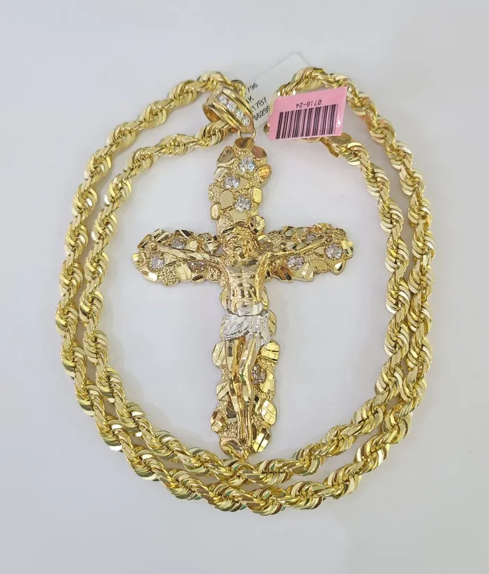 Gold and Diamond Necklaces Real 14k Solid Rope Chain Jesus Cross Charm Set 6mm 1830 Necklace Gold