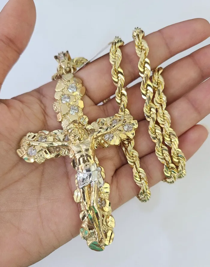 Gold and Diamond Necklaces Real 14k Solid Rope Chain Jesus Cross Charm Set 6mm 1830 Necklace Gold