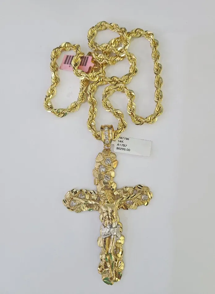 Gold and Diamond Necklaces Real 14k Solid Rope Chain Jesus Cross Charm Set 6mm 1830 Necklace Gold