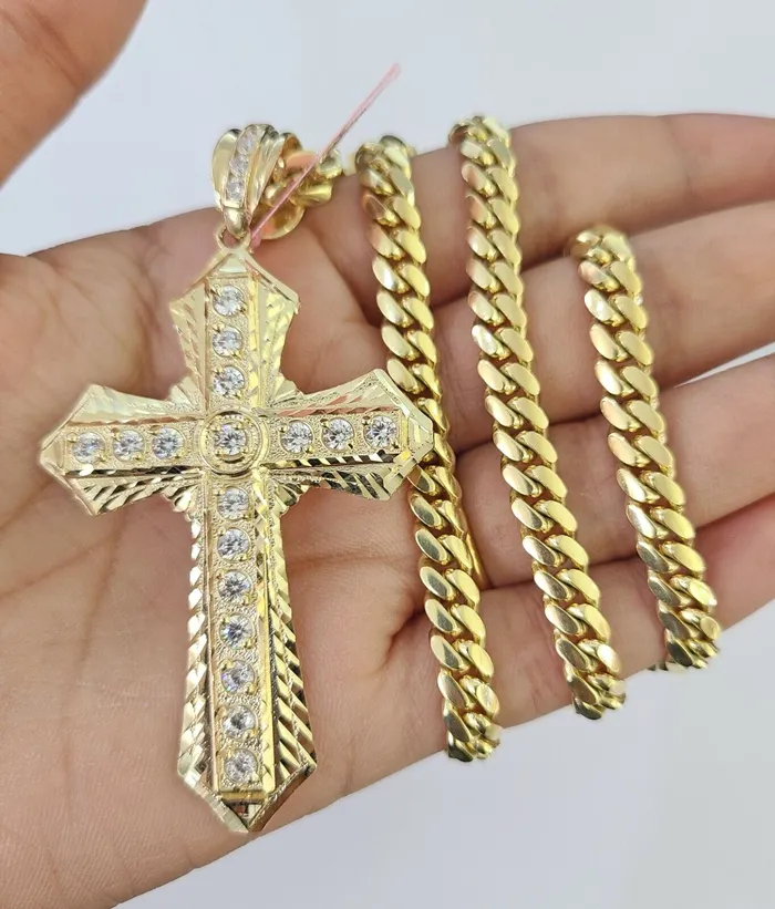 Gold and Diamond Real 14k Solid Chain Cross Charm Set Miami Cuban Link 6mm Necklace Pendant Gold Necklaces Gold and Diamond Real 14k Solid Chain Cross Charm Set Miami Cuban Link 6mm Necklace Pendant Gold Necklaces