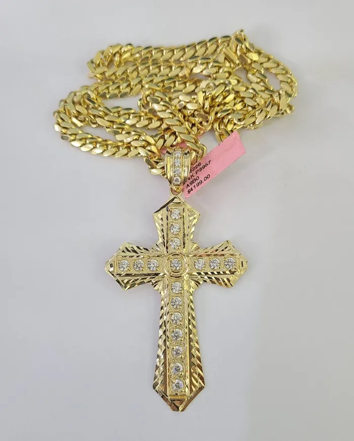 Gold and Diamond Real 14k Solid Chain Cross Charm Set Miami Cuban Link 6mm Necklace Pendant Gold Necklaces
