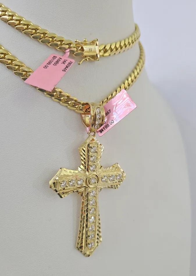 Gold and Diamond Real 14k Solid Chain Cross Charm Set Miami Cuban Link 6mm Necklace Pendant Gold Necklaces