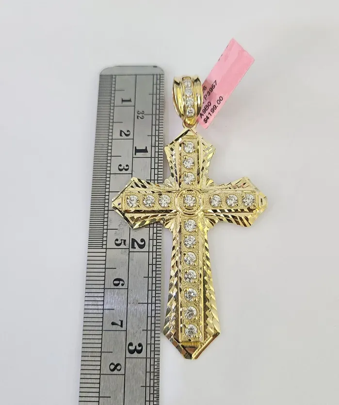 Gold and Diamond Real 14k Solid Chain Cross Charm Set Miami Cuban Link 6mm Necklace Pendant Gold Necklaces