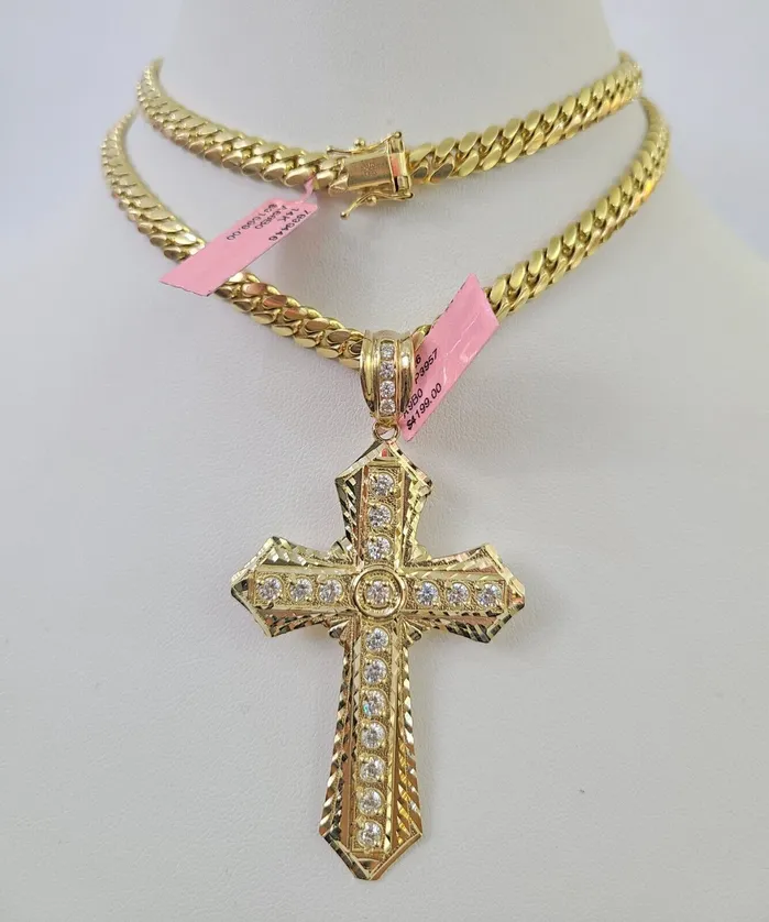 Gold and Diamond Real 14k Solid Chain Cross Charm Set Miami Cuban Link 6mm Necklace Pendant Gold Necklaces