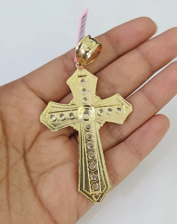 Gold and Diamond Real 14k Solid Chain Cross Charm Set Miami Cuban Link 6mm Necklace Pendant Gold Necklaces