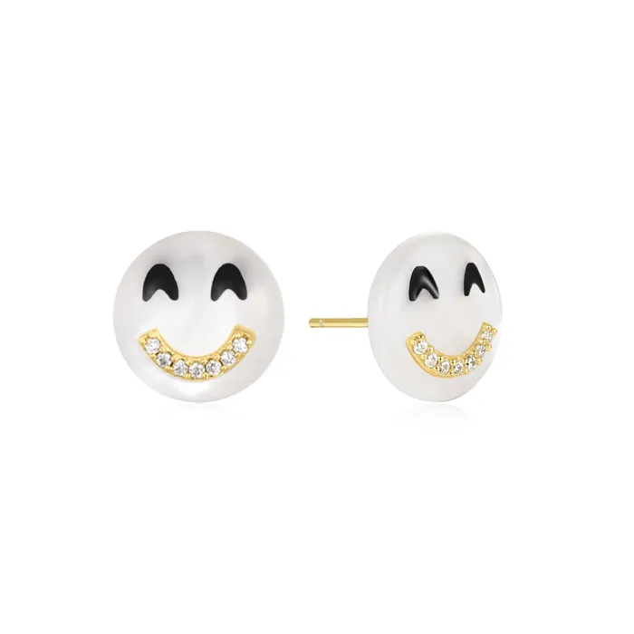 Happy Kids LOL Single Stud White CZ White Mother of Pearl 14K Gold Plated 925 Silver Spirito Rosa Earrings Happy Kids LOL Single Stud White CZ White Mother of Pearl 14K Gold Plated 925 Silver Spirito Rosa Earrings