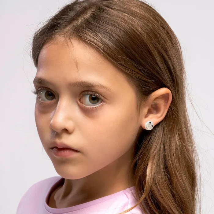 Happy Kids LOL Single Stud White CZ White Mother of Pearl 14K Gold Plated 925 Silver Spirito Rosa Earrings