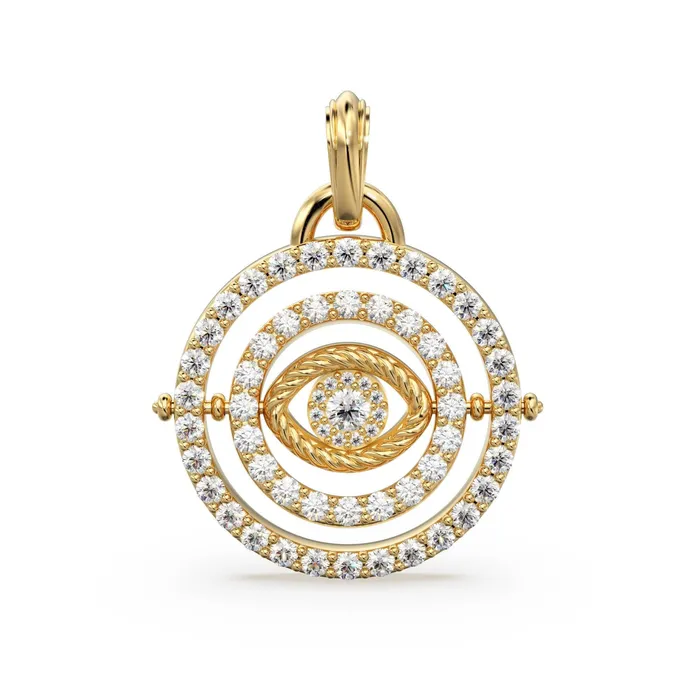 Jalvi Co Charm Necklaces 27mm Rotating Evil Eye Round Charm Pendant Emerald Diamond 14k Solid Gold Pendant Diamond Charm Protection Jewelry For Her