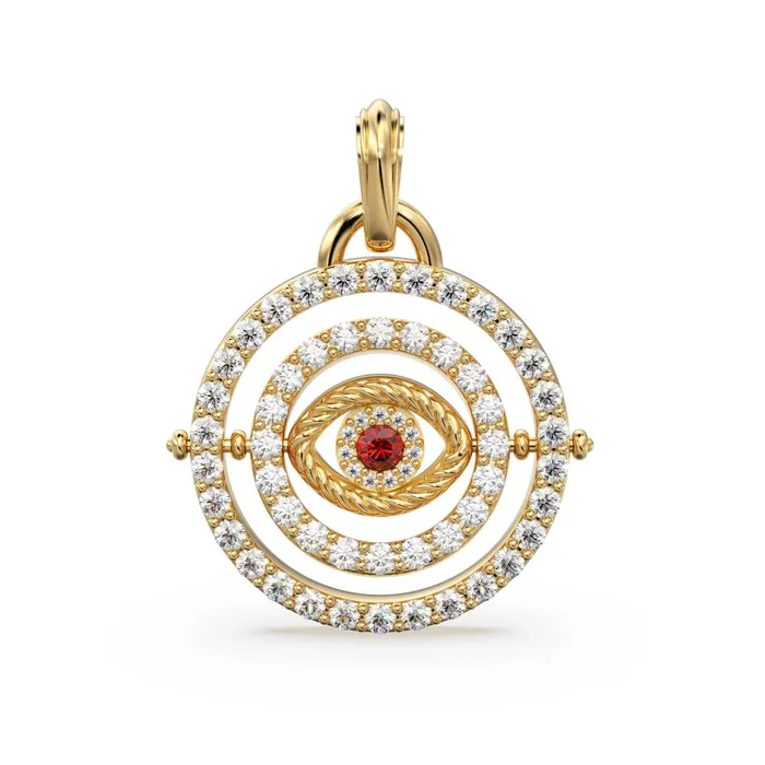 Jalvi Co Charm Necklaces 27mm Rotating Evil Eye Round Charm Pendant Emerald Diamond 14k Solid Gold Pendant Diamond Charm Protection Jewelry For Her