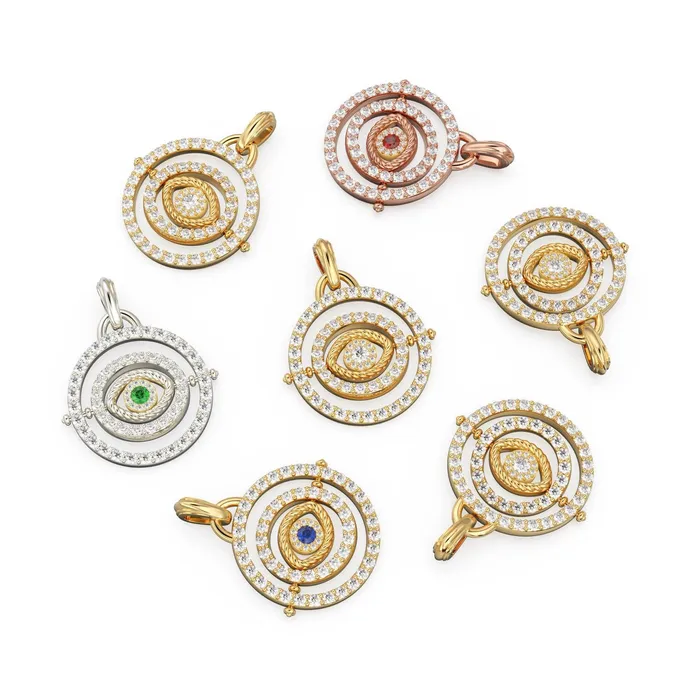 Jalvi Co Charm Necklaces 27mm Rotating Evil Eye Round Charm Pendant Emerald Diamond 14k Solid Gold Pendant Diamond Charm Protection Jewelry For Her