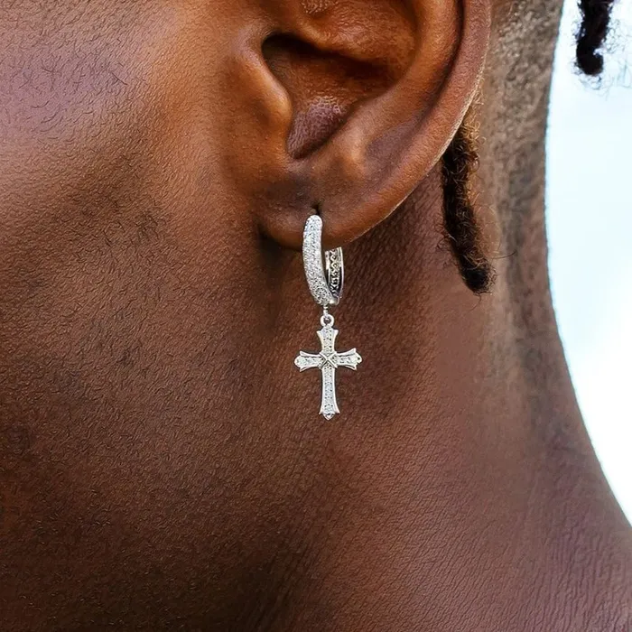 KRKC Earrings The Wisdom 925 Sterling Silver Diamond Iced Out Hoop Dangle Iris Cross Earrings
