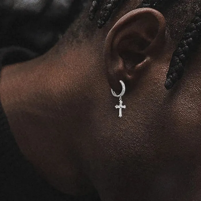 KRKC Earrings The Wisdom 925 Sterling Silver Diamond Iced Out Hoop Dangle Iris Cross Earrings