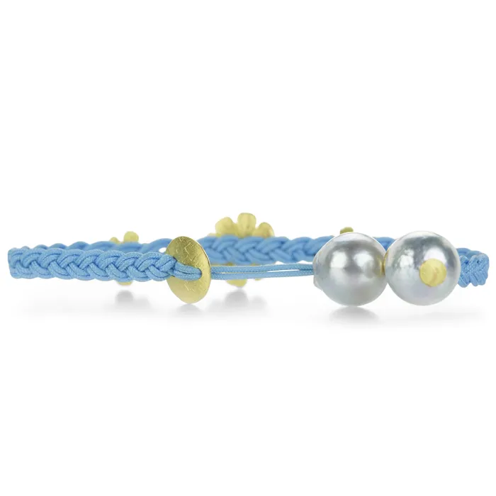 Lene Vibe Bracelets Sky Blue Cord Bracelet with Flowers and Pearls