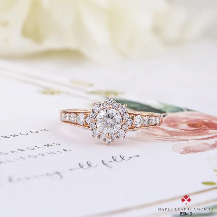 Maple Leaf Diamonds Rings 14kt Rose Gold 089cttw Canadian Halo Diamond Engagement Ring