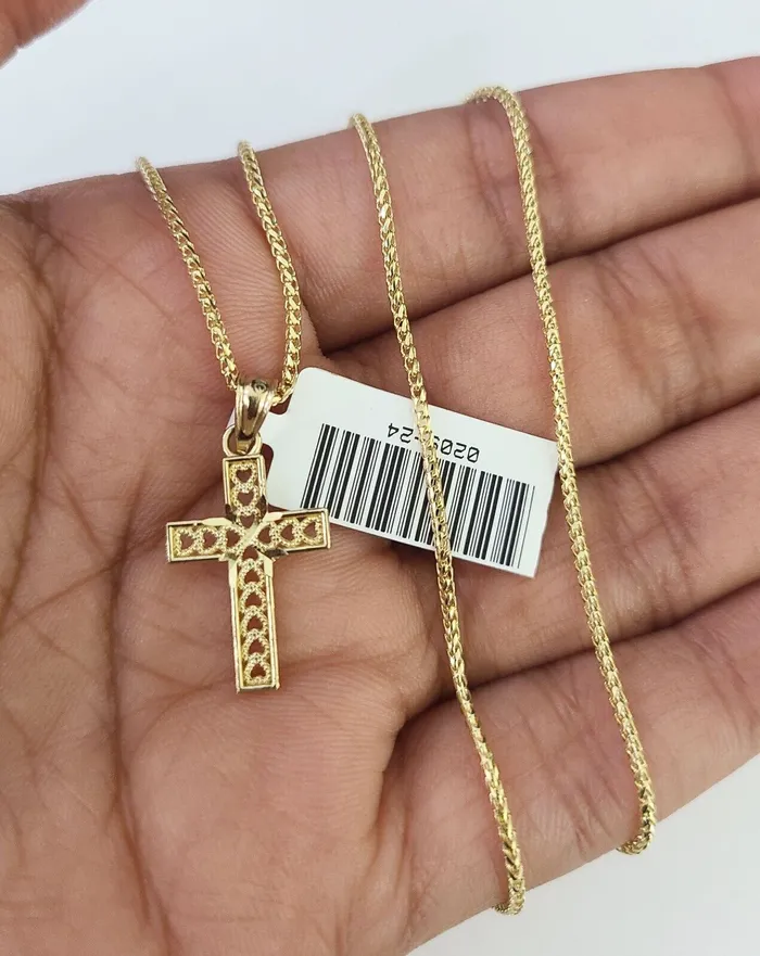 Necklaces 10K Solid Franco Chain Jesus Cross Pendant Charm Necklace 1624 1mm Ladies Globalwatches10