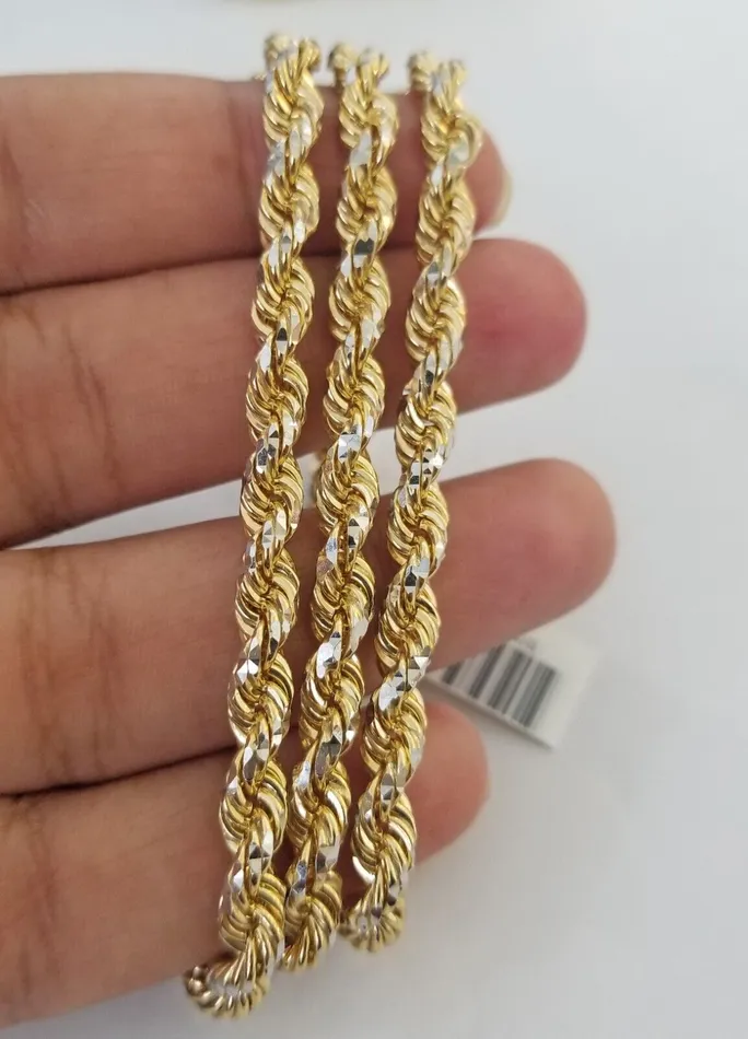 Necklaces 10k Solid Gold Rope Chain Necklace Real 10k Yellow Gold Diamond Cuts 5mm 20 Men Gold and Diamond