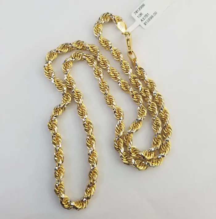 Necklaces 10k Solid Gold Rope Chain Necklace Real 10k Yellow Gold Diamond Cuts 5mm 20 Men Gold and Diamond