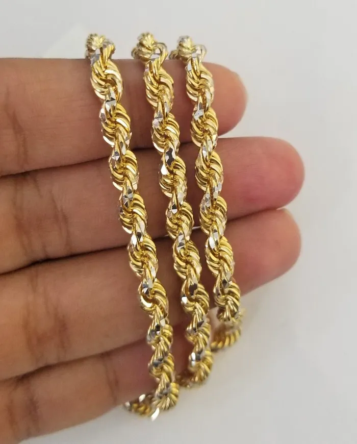 Necklaces 10k Solid Gold Rope Chain Necklace Real 10k Yellow Gold Diamond Cuts 5mm 20 Men Gold and Diamond