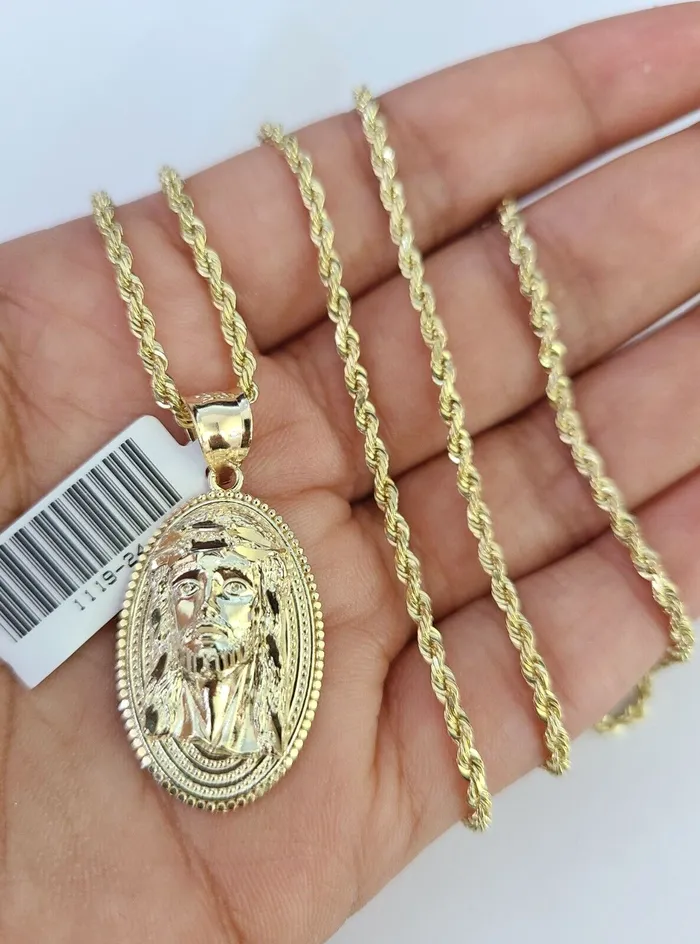Necklaces 10k Solid Rope Chain 2mm Jesus Head Pendant Charm Necklace SET 1822 Ladies Gold and Diamond