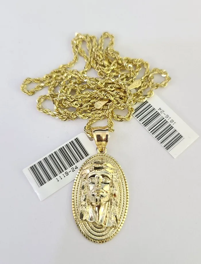 Necklaces 10k Solid Rope Chain 2mm Jesus Head Pendant Charm Necklace SET 1822 Ladies Gold and Diamond