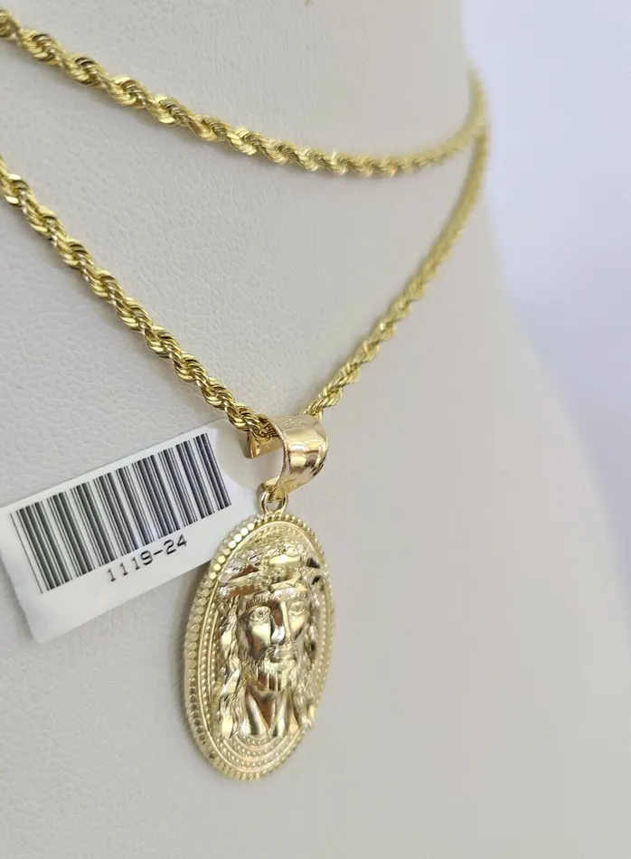 Necklaces 10k Solid Rope Chain 2mm Jesus Head Pendant Charm Necklace SET 1822 Ladies Gold and Diamond