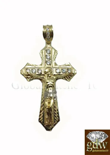 Necklaces 10k Yellow Gold Men Cross Charm Pendant Diamond Cut Angel Jesus Crucifix Gold and Diamond
