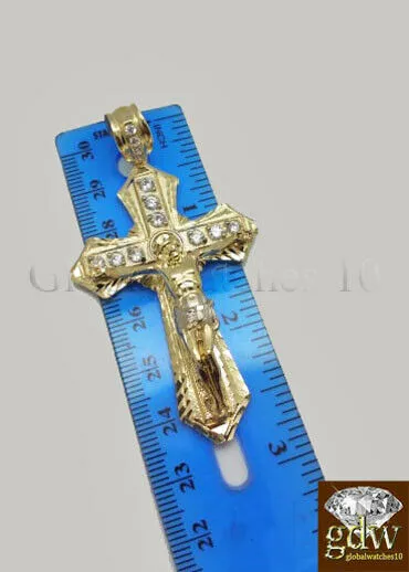 Necklaces 10k Yellow Gold Men Cross Charm Pendant Diamond Cut Angel Jesus Crucifix Gold and Diamond