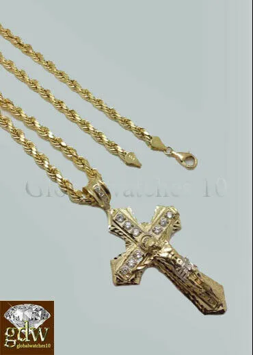 Necklaces 10k Yellow Gold Men Cross Charm Pendant Diamond Cut Angel Jesus Crucifix Gold and Diamond