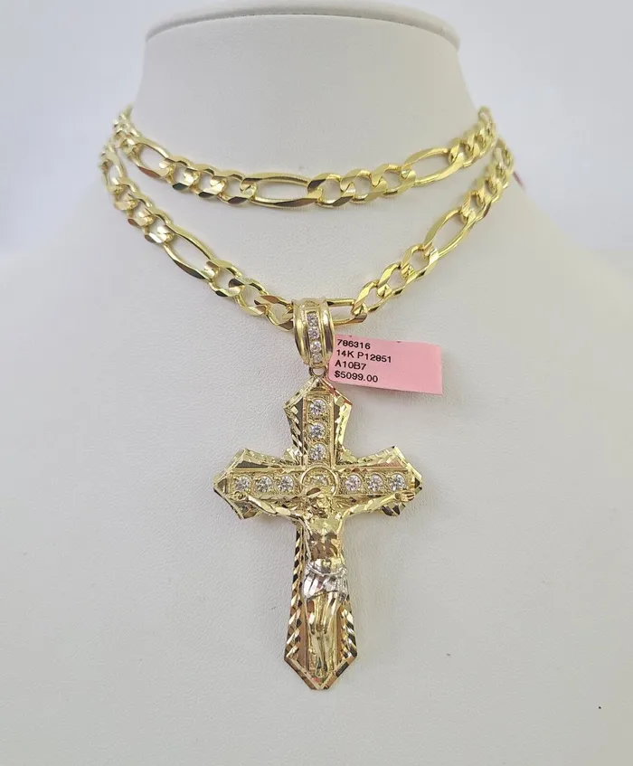 Necklaces 14k Figaro Chain Jesus Cross Charm Pendant Gold 7mm 2030 inch SET Necklace Gold and Diamond Necklaces 14k Figaro Chain Jesus Cross Charm Pendant Gold 7mm 2030 inch SET Necklace Gold and Diamond
