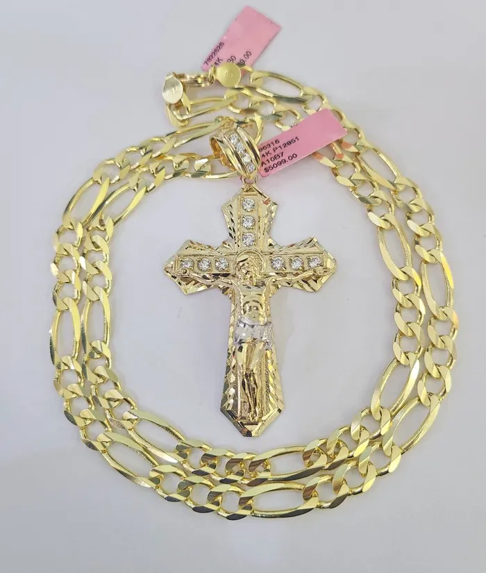 Necklaces 14k Figaro Chain Jesus Cross Charm Pendant Gold 7mm 2030 inch SET Necklace Gold and Diamond