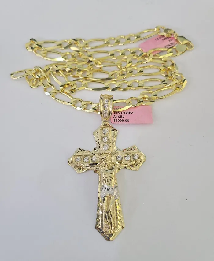 Necklaces 14k Figaro Chain Jesus Cross Charm Pendant Gold 7mm 2030 inch SET Necklace Gold and Diamond