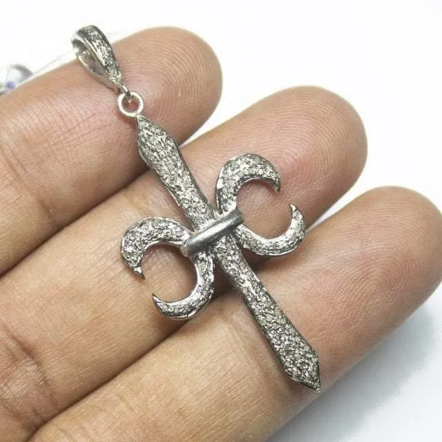Necklaces Beads Supplies USA 1pc Fleur Pave Diamond 925 Sterling Silver Gold Vermeil Charm Pendant 54mm x 22mm