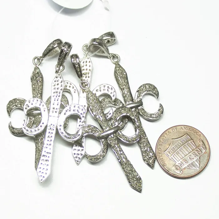 Necklaces Beads Supplies USA 1pc Fleur Pave Diamond 925 Sterling Silver Gold Vermeil Charm Pendant 54mm x 22mm