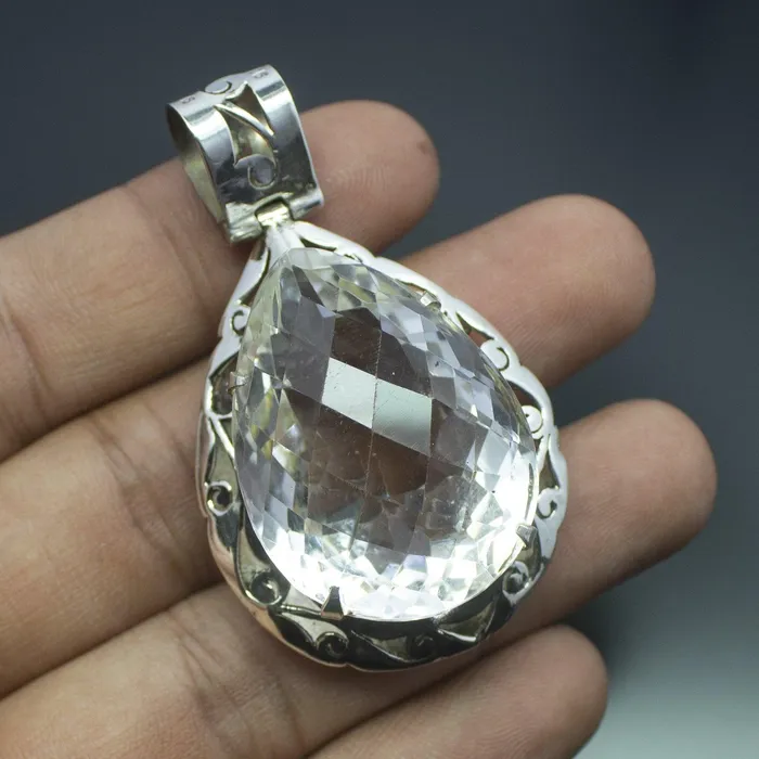 Necklaces Beads Supplies USA Christmas Gift 231g Totally Handmade Natural White Quartz Pear Shape 925 Sterling Silver Pendant